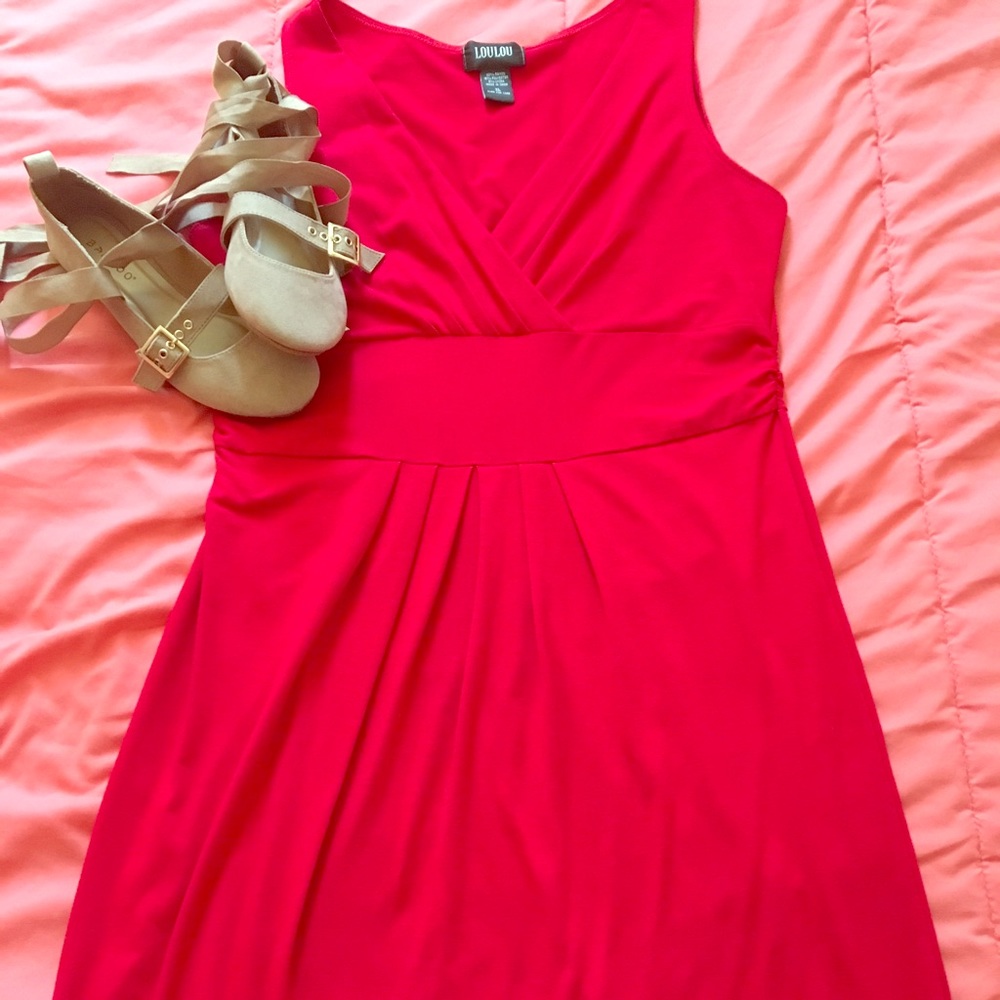 Fit and Flare faux wrap dress. Deep Red.